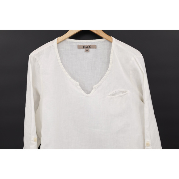 Flax Women's V Neck Linen Tunic Roll Sleeve White Sz M Pocket Lagenlook - Picture 3 of 5